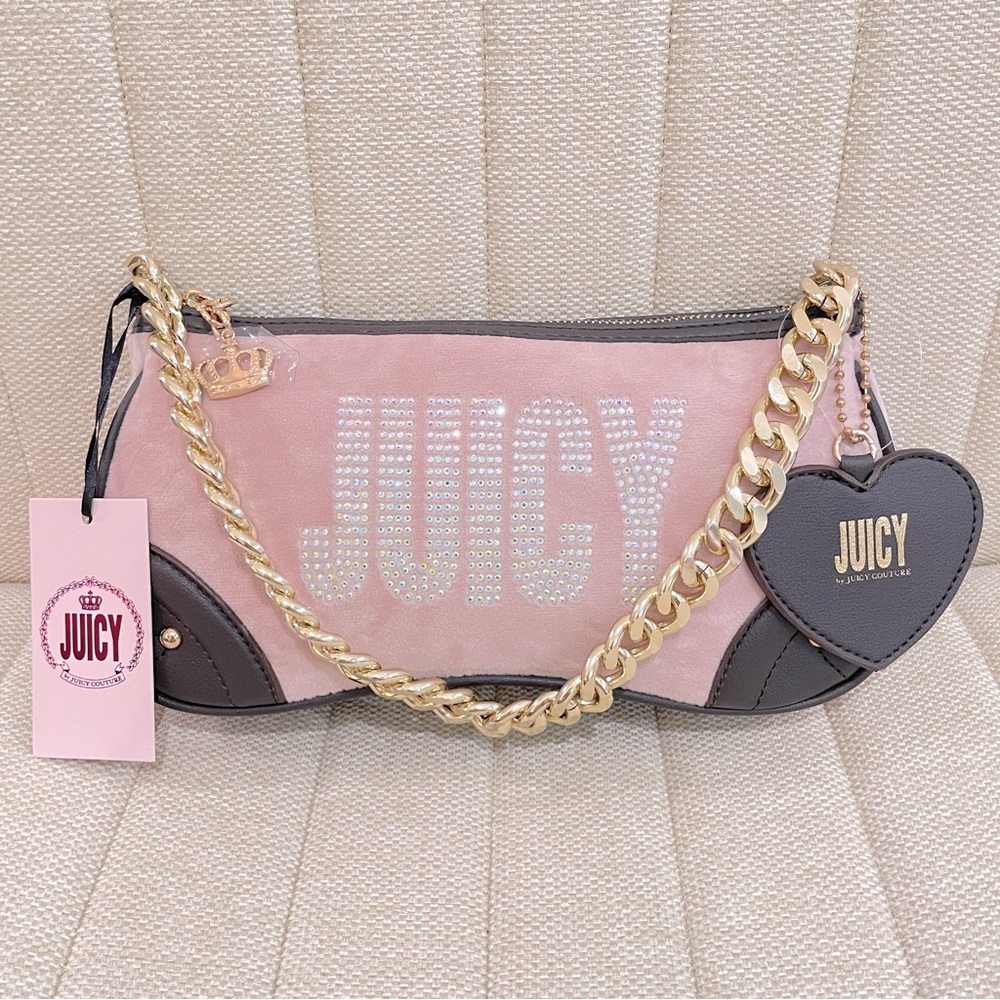 NEW Juicy Couture Pink Velour Rhinestone Baguette Bag Brown Trim Gold Chain